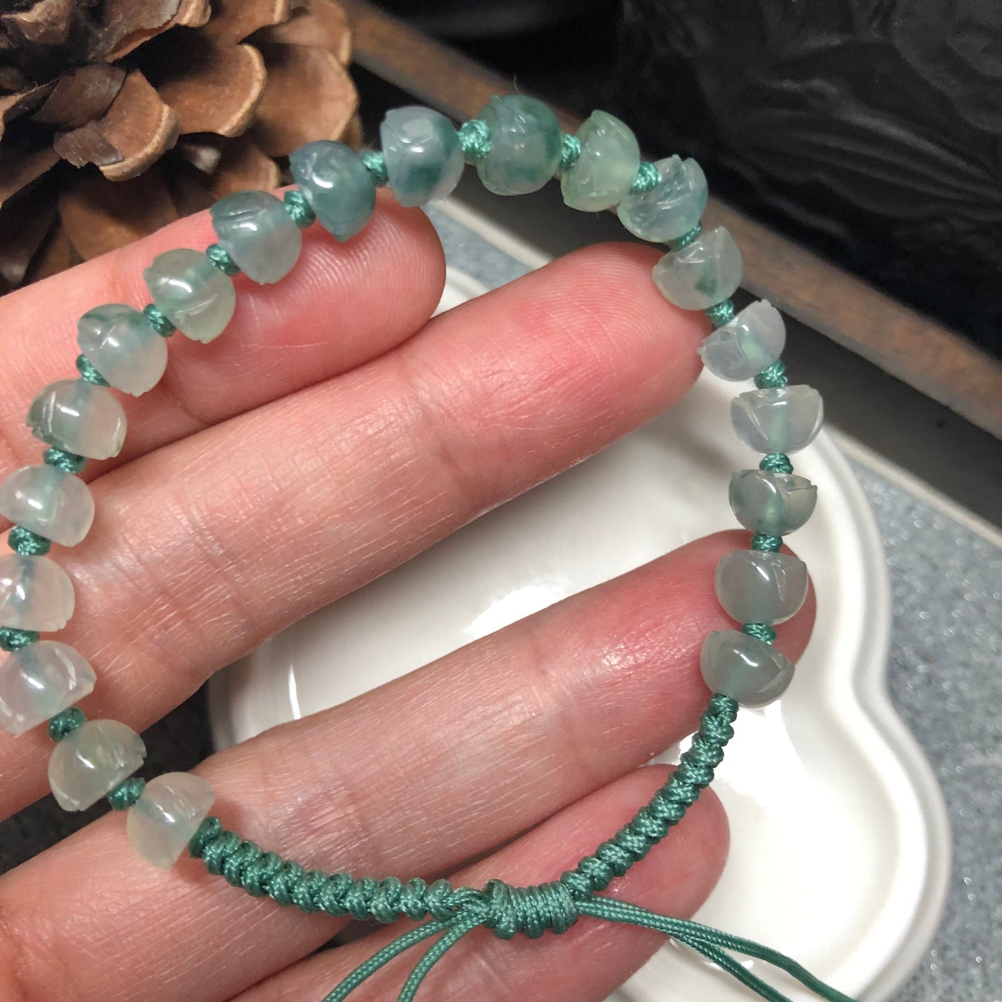 Grade A Myanmar Icy Green Carved Lotus Flowers Bead Jadeite Jade Bracelet 6.4mm x 20 beads