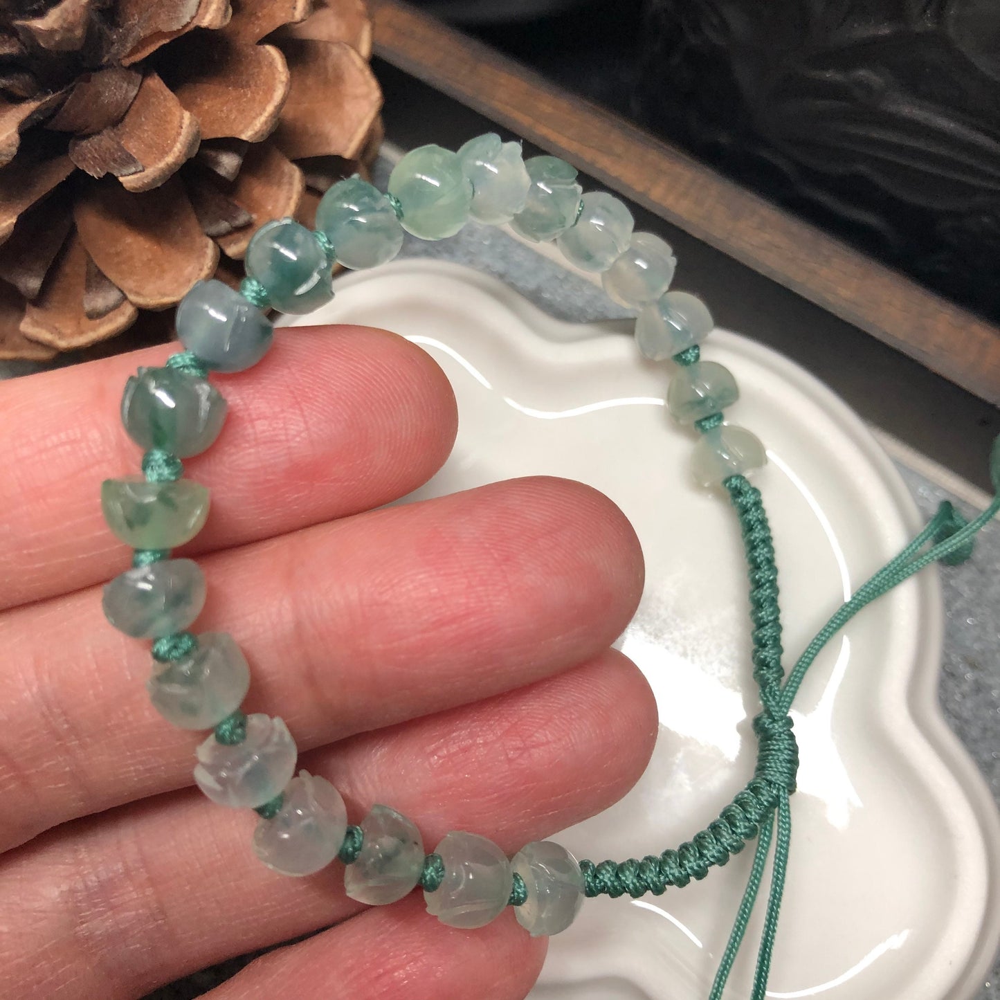 Grade A Myanmar Icy Green Carved Lotus Flowers Bead Jadeite Jade Bracelet 6.4mm x 20 beads