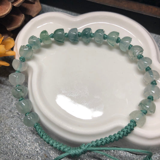 Grade A Myanmar Icy Green Carved Lotus Flowers Bead Jadeite Jade Bracelet 6.4mm x 20 beads
