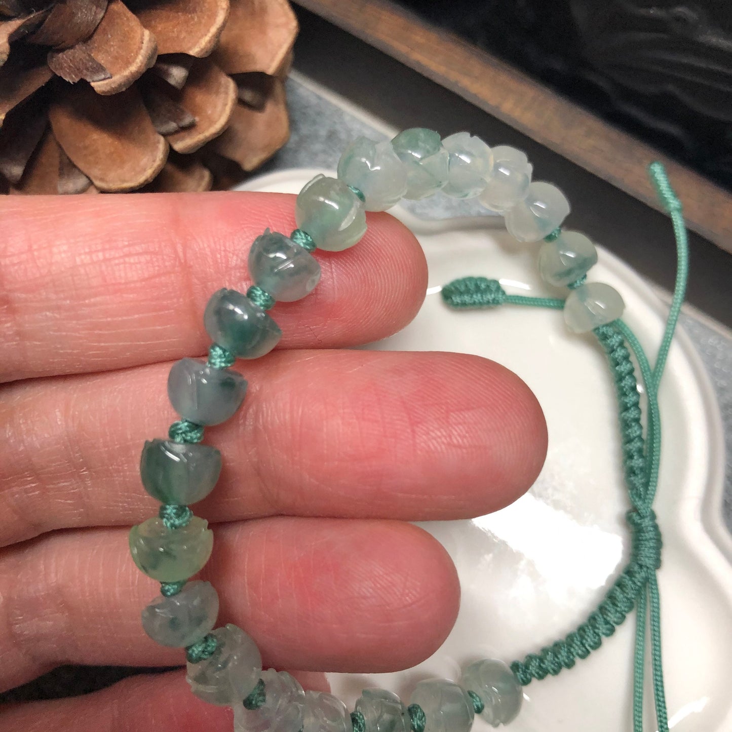 Grade A Myanmar Icy Green Carved Lotus Flowers Bead Jadeite Jade Bracelet 6.4mm x 20 beads