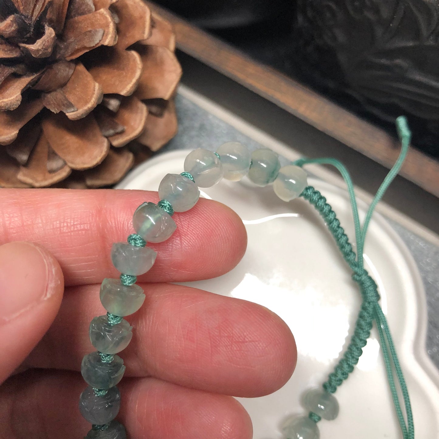 Grade A Myanmar Icy Green Carved Lotus Flowers Bead Jadeite Jade Bracelet 6.4mm x 20 beads