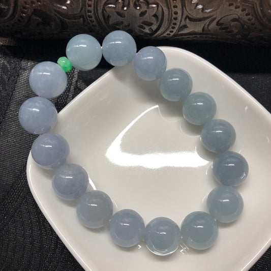 13.6mm Grade A Myanmar Icy Blue Lavender Bead Jadeite Jade Bracelet 13.6mm x 16 beads