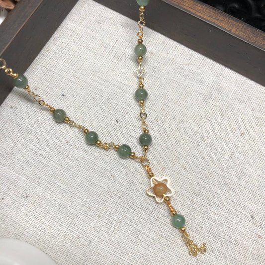 Myanmar Grade A Olive Green 5.2 mm Cabochon Jadeite Jade 14K Gold Necklace