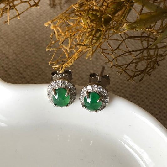 Grade A Jadeite Jade Mini Oval Cabochon Earring 925 Sterling Silver with Diamonds