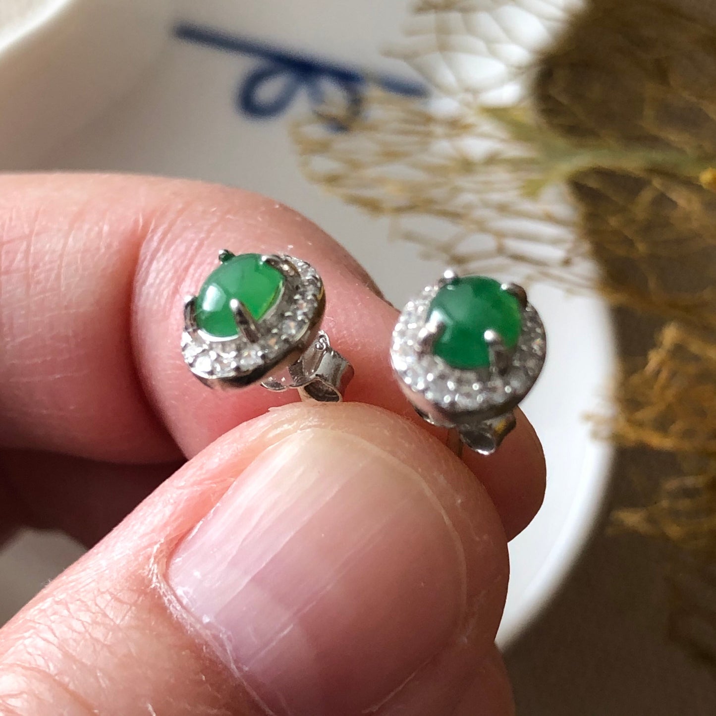 Grade A Jadeite Jade Mini Oval Cabochon Earring 925 Sterling Silver with Diamonds