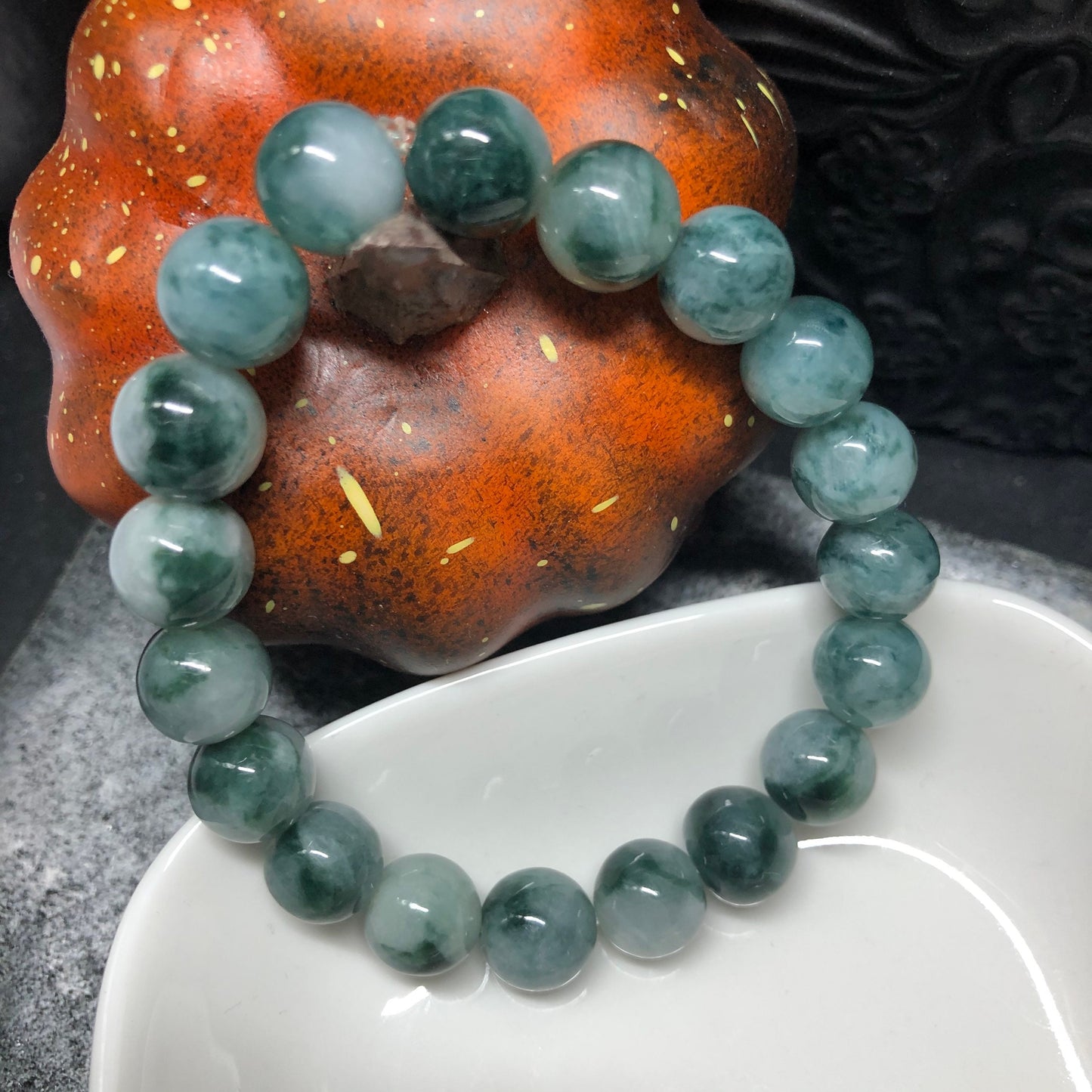 9.1 mm Grade A Floating Green Flowers Jadeite Jade Bead Bracelet 9.1 mm x 19 pcs.