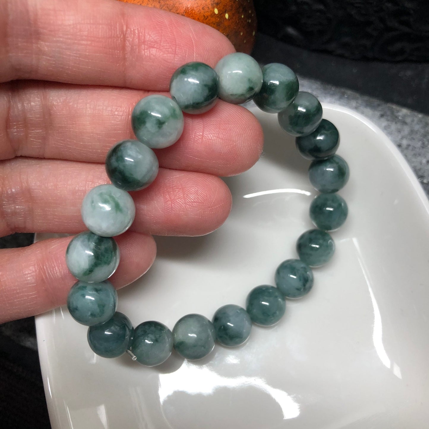 9.1 mm Grade A Floating Green Flowers Jadeite Jade Bead Bracelet 9.1 mm x 19 pcs.