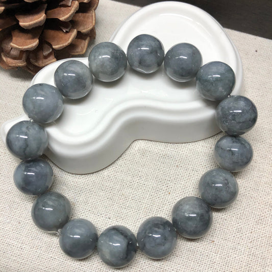 13.2 mm Grade A Big Wuji Grey Jadeite Jade Bead Bracelet 13.2 mm x 16 pcs.