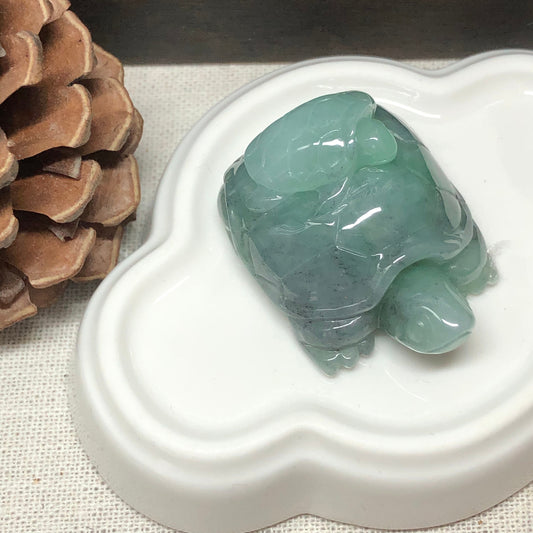 39.5 mm Certified Myanmar Grade A Jadeite Icy Green Wuji Turtle Display Figurine or Pendant