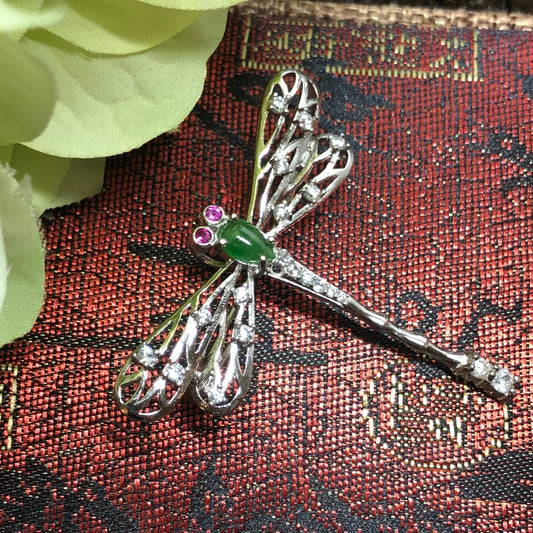 Two Way Grade A Green Jadeite Jade Vintage Dragonfly Pendant Brooch 925 Silver