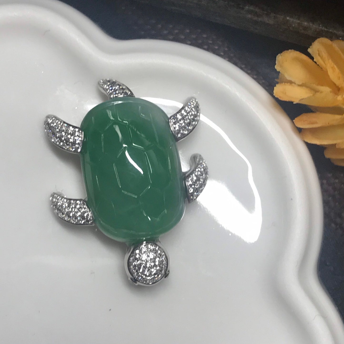 SALE: Grade A Green Jadeite Jade Unique Turtle Pendant 925 Silver