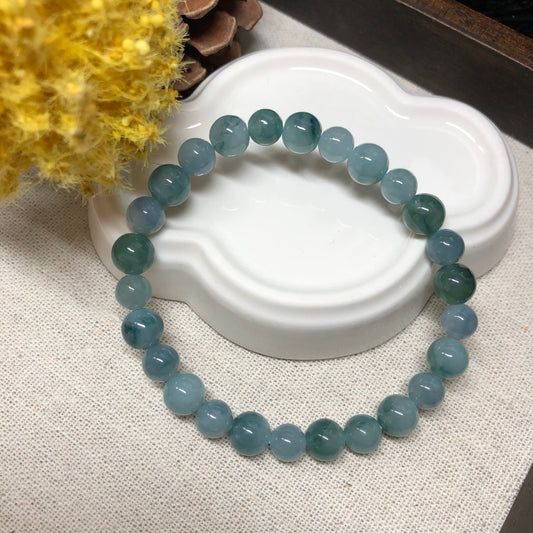 Certified Myanmar Grade A Blue Green Floating Flowers Jade Jadeite Bracelet 6.5-8mm 26 bead bracelet