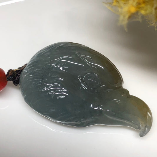 Grade A Myanmar Translucent Carved Eagle Head Jadeite Jade Pendant with Tie Rope Skeleton