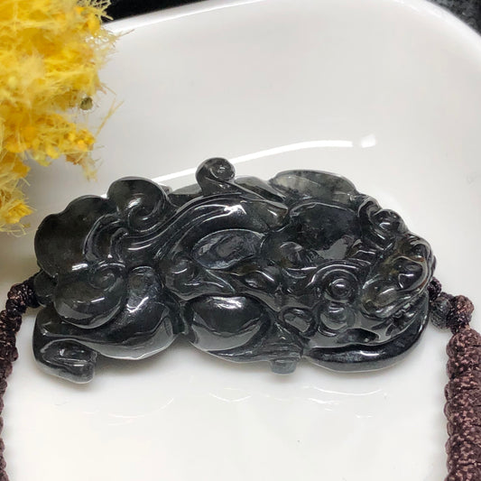 46.2mm Grade A carved Black Wuji Pixiu Jadeite Jade Pendant or Bracelet