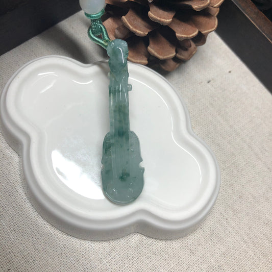 52.8 mm Grade A  Floating Flowers Green Carved Jadeite Jade Violin Musical Instrument Pendant Medallion RARE