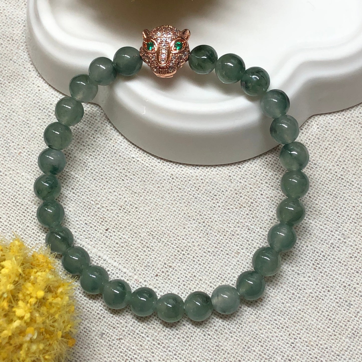 6.6 mm Grade A Icy Green Bead Bracelet Panther 6.6 mm x 27 bead bracelet