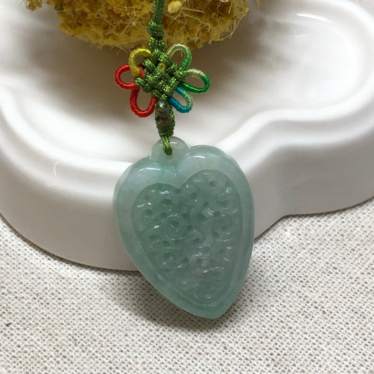28.5 mm Grade A  Icy Carved Tint Green Heart Jadeite Jade Key Charm Cell Phone Pendant