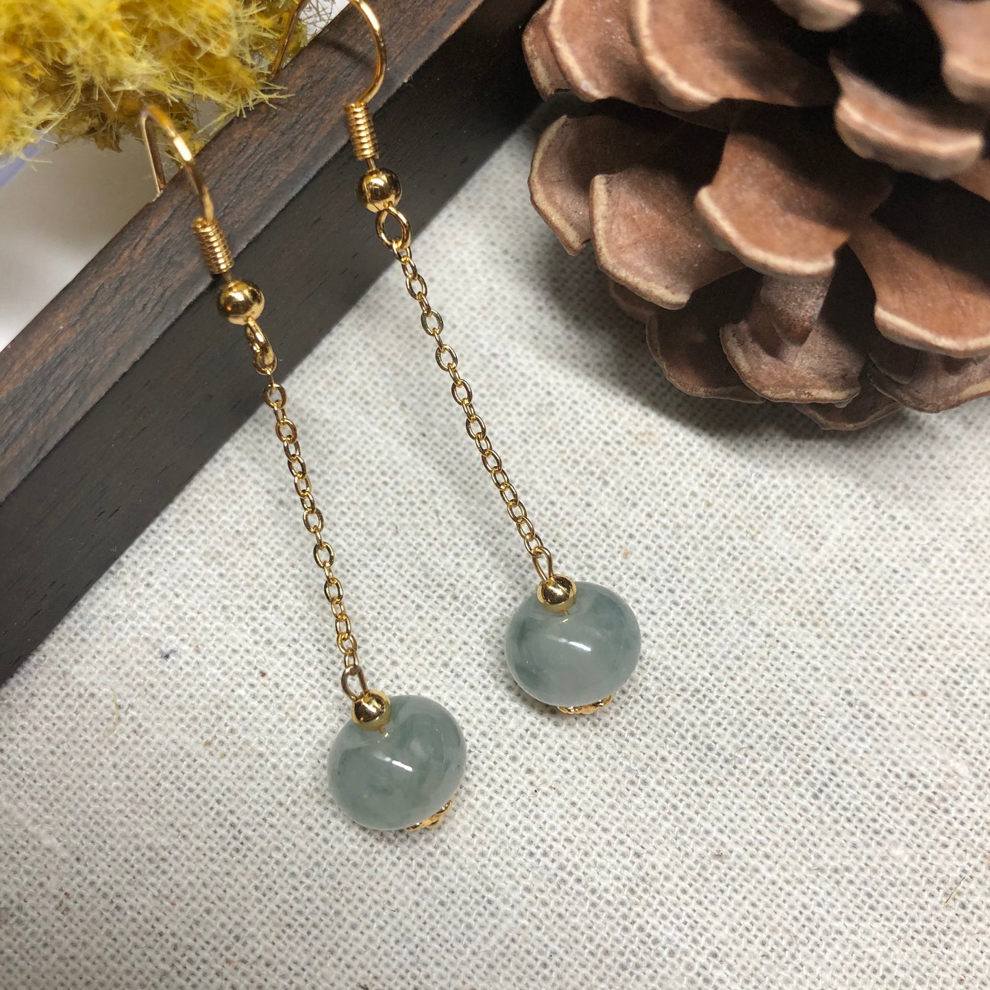 10.4 mm Grade A  Icy Floating Flowers Sperical Ball Jadeite Jade Dangling Earrings 925 gold silver