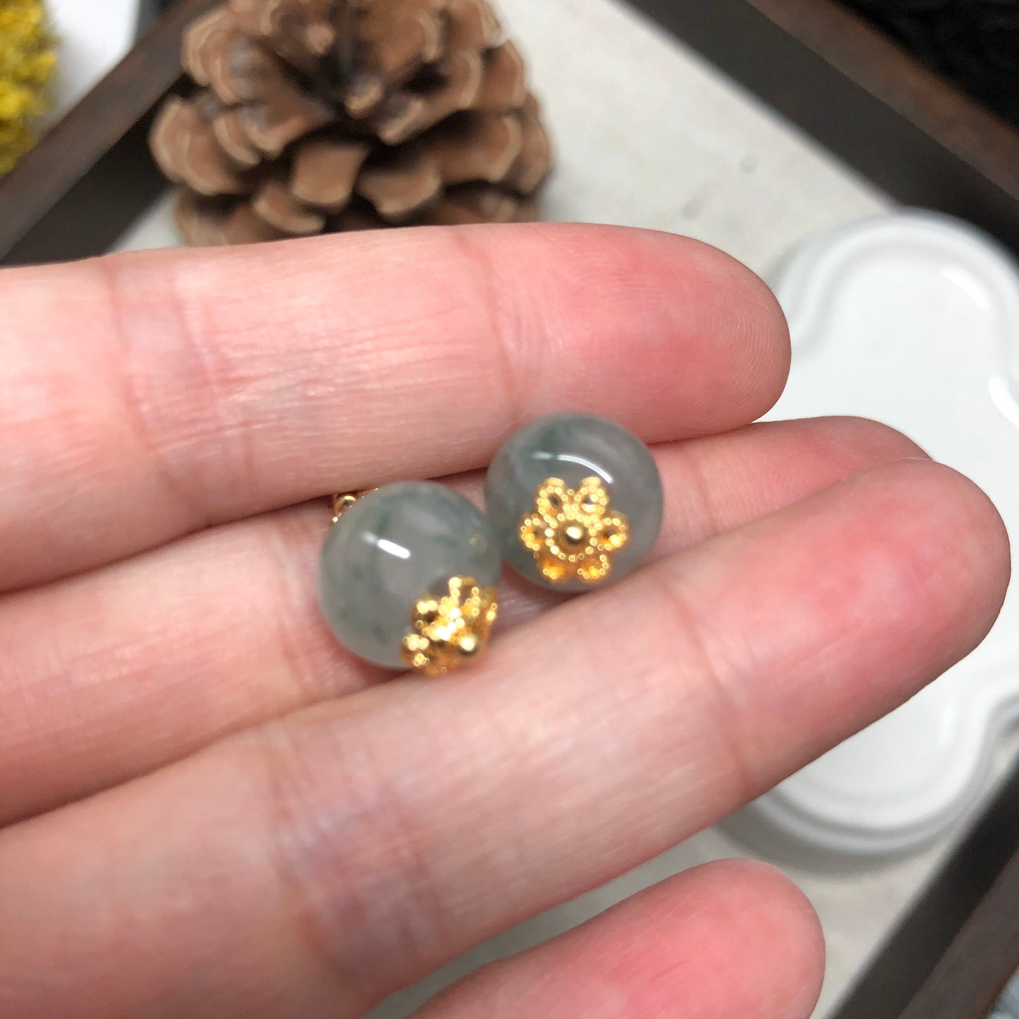 10.4 mm Grade A  Icy Floating Flowers Sperical Ball Jadeite Jade Dangling Earrings 925 gold silver