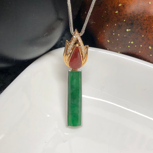 Grade A  Icy Red Green Jadeite Jade Fire Candle Pendant with 18K white and gold setting