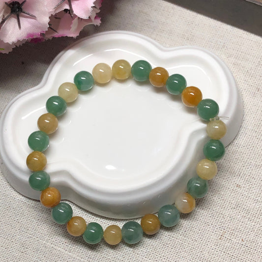 7.2mm Grade A Assorted Green Yellow Brown Jadeite Jade Bead Bracelet 7.2mm x 27pcs