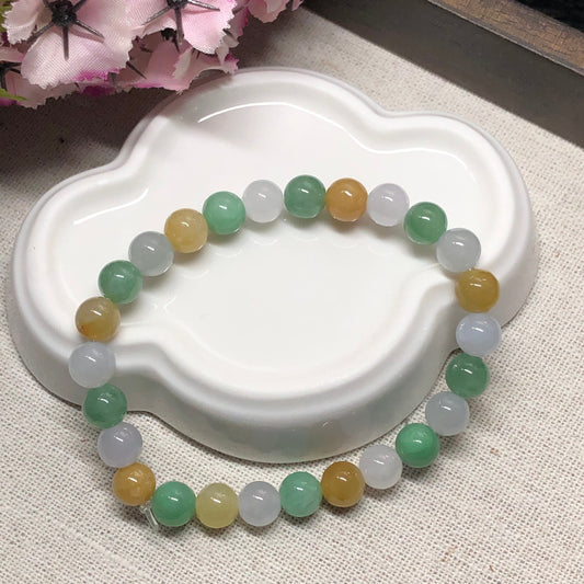 7.2mm Grade A Assorted Icy Green Yellow Brown Jadeite Jade Bead Bracelet 7.2mm x 27pcs