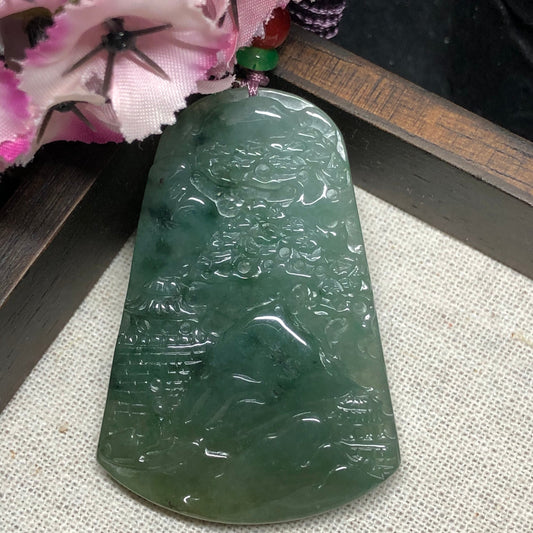 Grade A  Carved Yellow Green Jadeite Jade Mountain Landscape Scenery Pendant with Neck Rope Tie