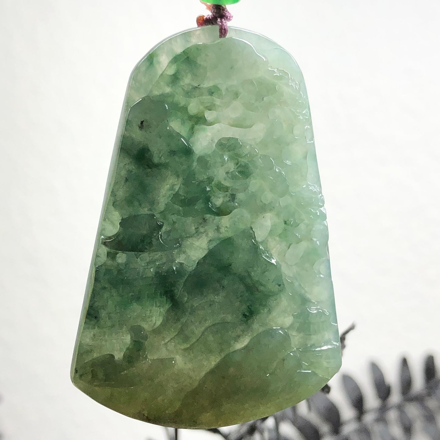 Grade A  Carved Yellow Green Jadeite Jade Mountain Landscape Scenery Pendant with Neck Rope Tie