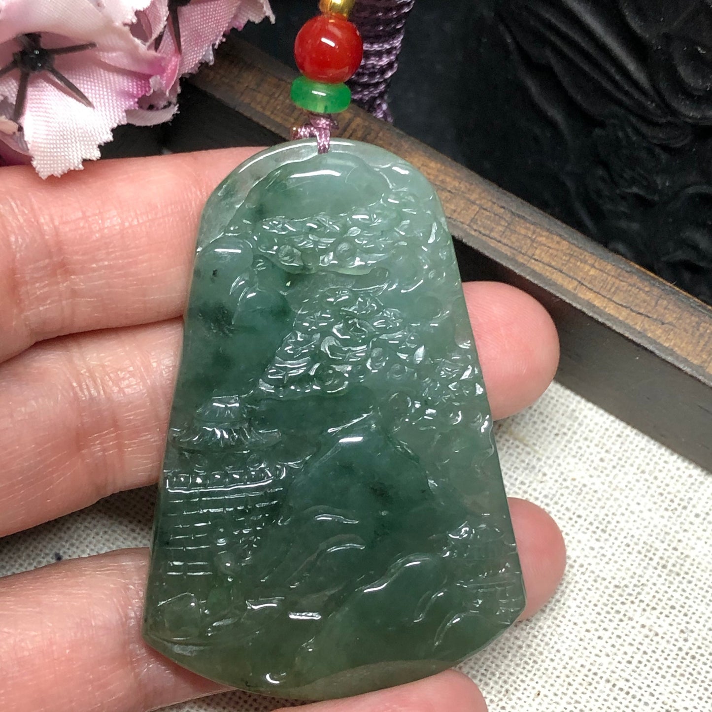 Grade A  Carved Yellow Green Jadeite Jade Mountain Landscape Scenery Pendant with Neck Rope Tie