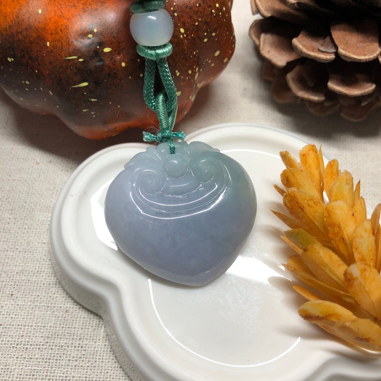 32.4 mm Certified Myanmar Grade A Lavender Blue Green Carved Ruyi Pendant with neck rope tie