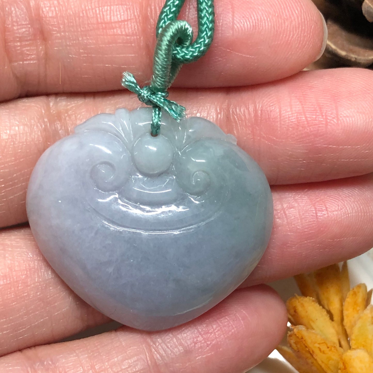 32.4 mm Certified Myanmar Grade A Lavender Blue Green Carved Ruyi Pendant with neck rope tie