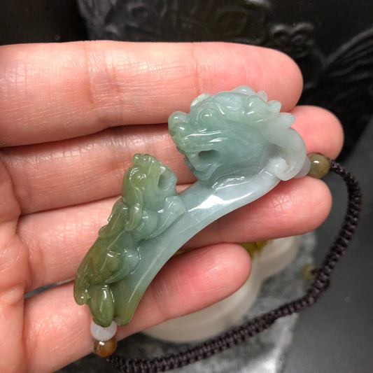51.2 mm Grade A carved Green Yellow Dragon Pixiu Jade Jadeite Bracelet tie knot bracelet One Size