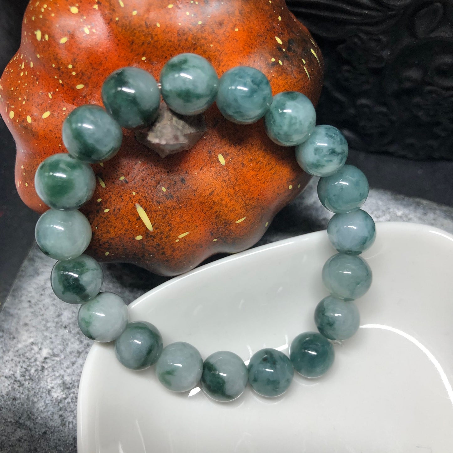 9.1 mm Grade A Floating Green Flowers Jadeite Jade Bead Bracelet 9.1 mm x 19 pcs.