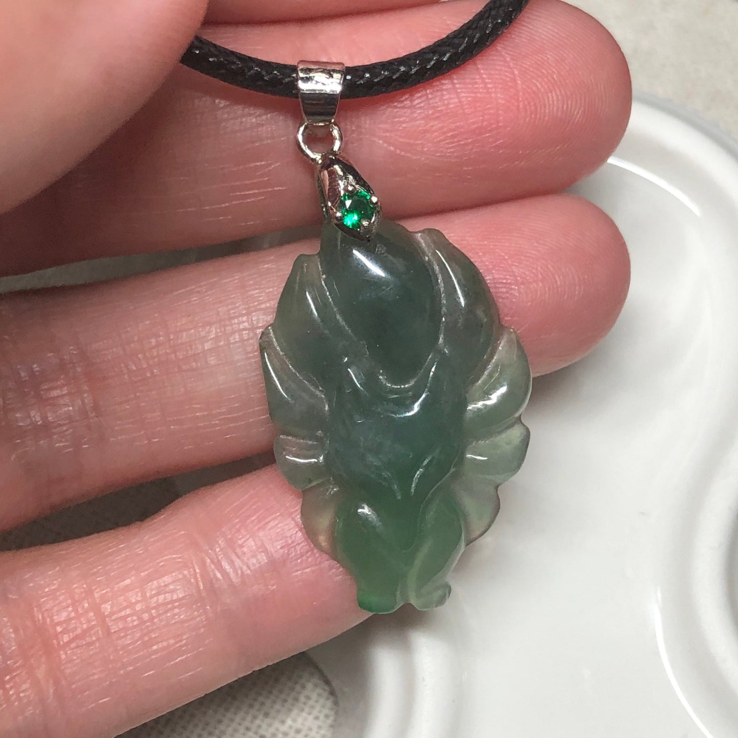 Certified Myanmar Grade A Carved Icy Green Foxtail Pendant with 925s buckle