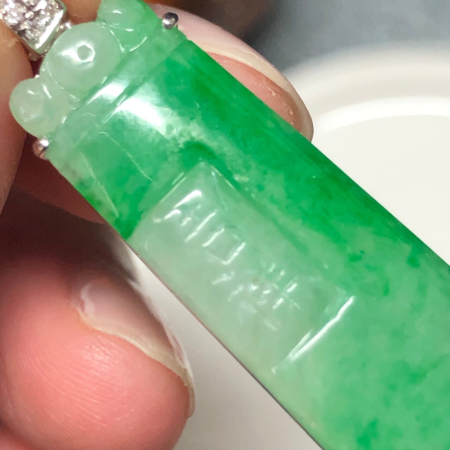 Certified Myanmar Grade A Yang Green Asian Carved Words Pendant