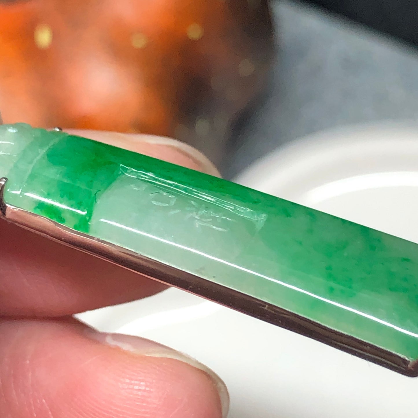 Certified Myanmar Grade A Yang Green Asian Carved Words Pendant