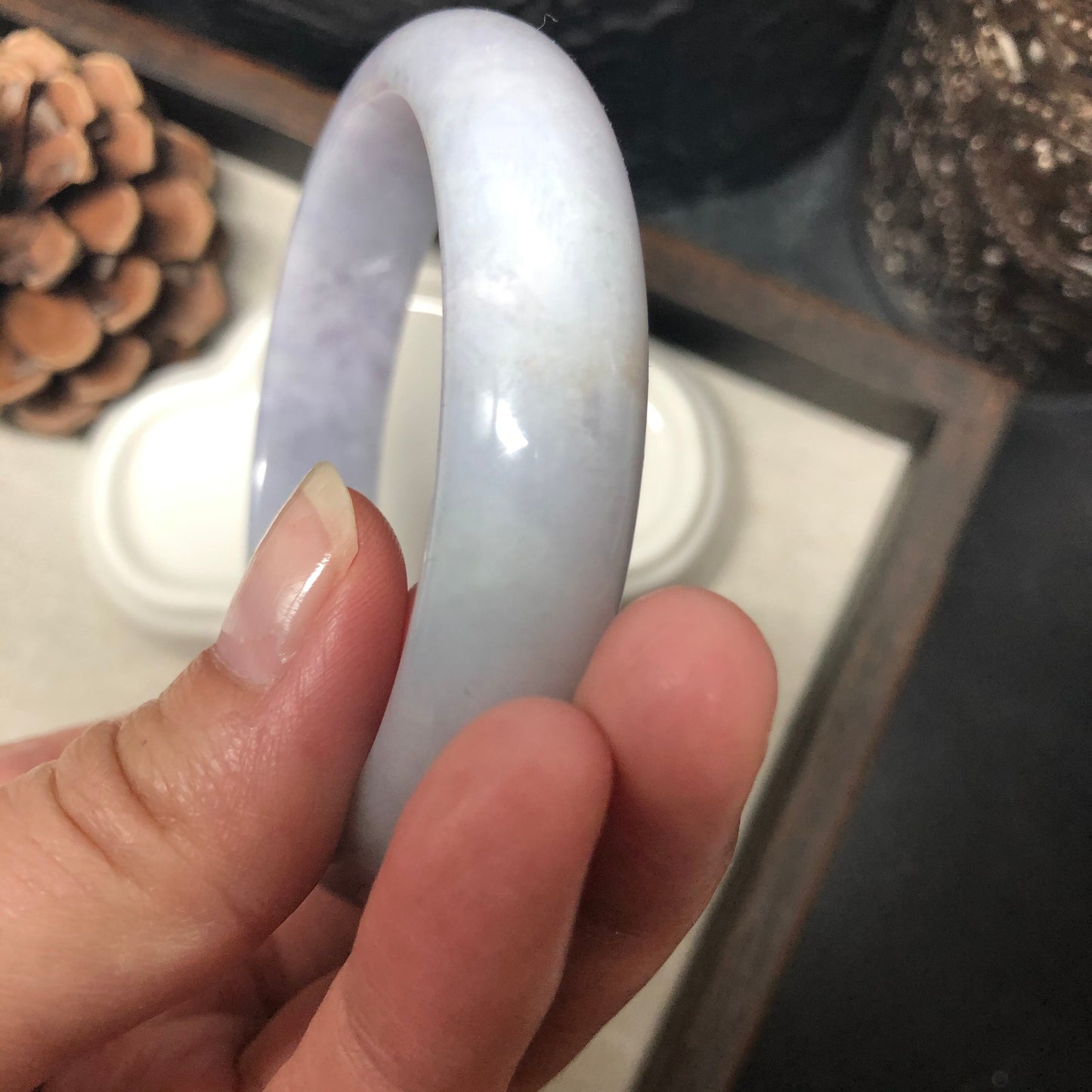 56 mm Grade A Myanmar Earthy Light Lavender Round D-Shaped Jadeite Jade Bangle