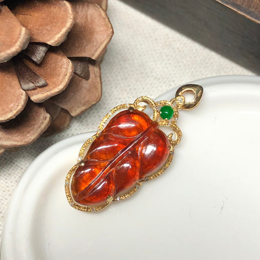 RESERVED: Certified Myanmar Grade A  Red Brown Leaf Jadeite Jade Pendant