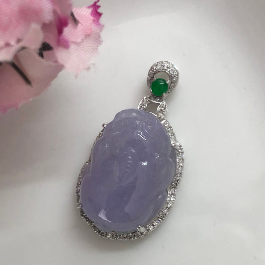 RESERVED: Grade A  Icy Lavendar Jadeite Jade Carved Pixiu Pendant set on 18K white gold
