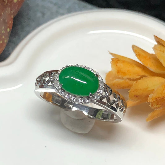 Grade A Jadeite Jade Green Cabochon Ring 18K White Gold Criss Cross Diamonds