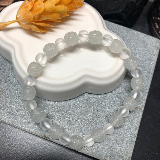 7.6 mm Grade A Icy Glutinous carved bead Jadeite Jade Round Bead Bracelet