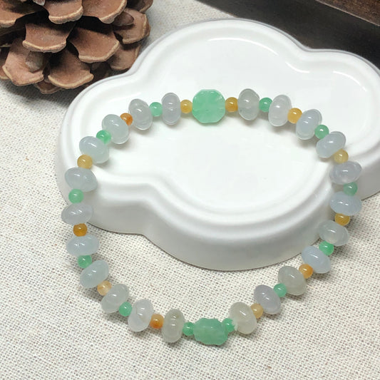 7.7mm Grade A Icy Pumpkin Green Clover Yellow Brown Jade Jadeite Bracelet 7.7 mm x 22 bead bracelet