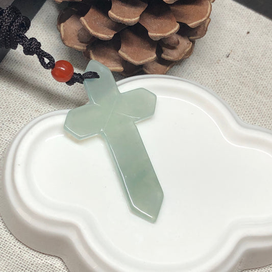48.7 mm Grade A  Icy Tint Green Cross Jadeite Jade Pendant