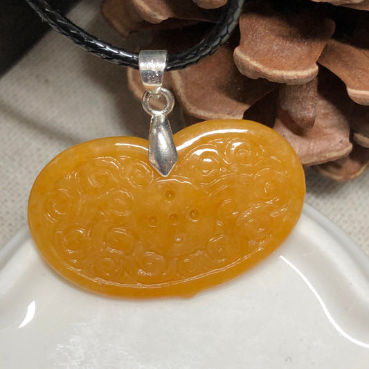 32.9 mm Grade A  Icy Carved Yellow Brown Heart Jadeite Jade Key Charm Cell Phone Pendant