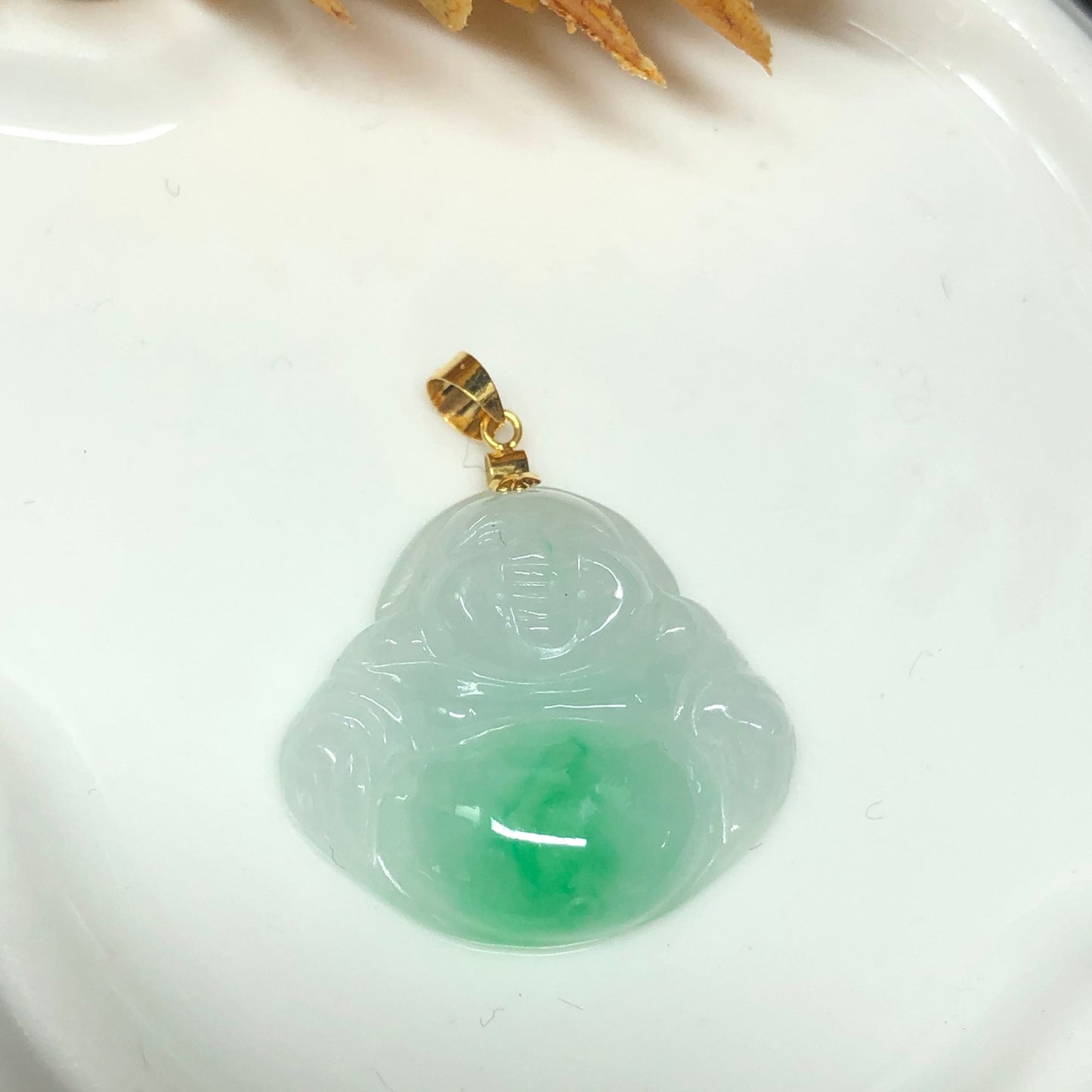 Certified Myanmar Grade A Dainty Green White Buddha With 18K yellow gold buckle