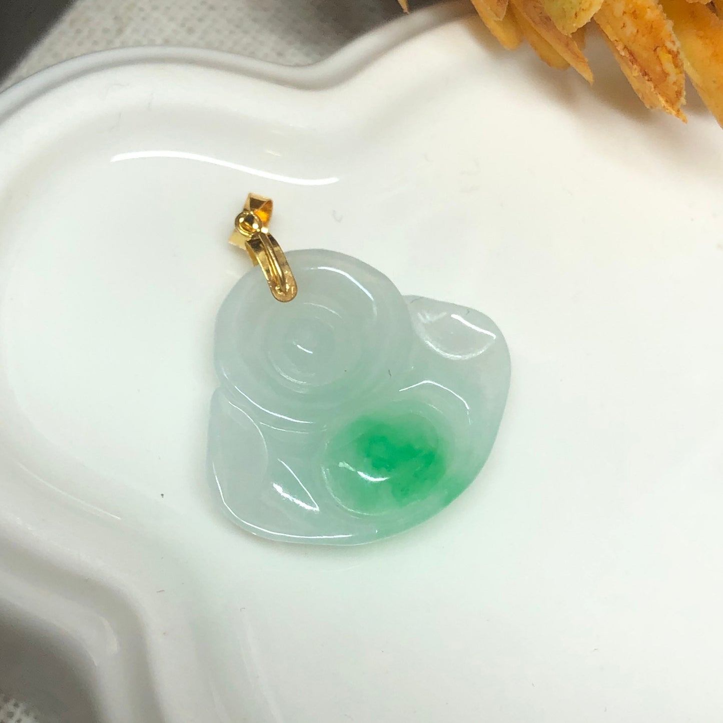 Certified Myanmar Grade A Dainty Green White Buddha With 18K yellow gold buckle