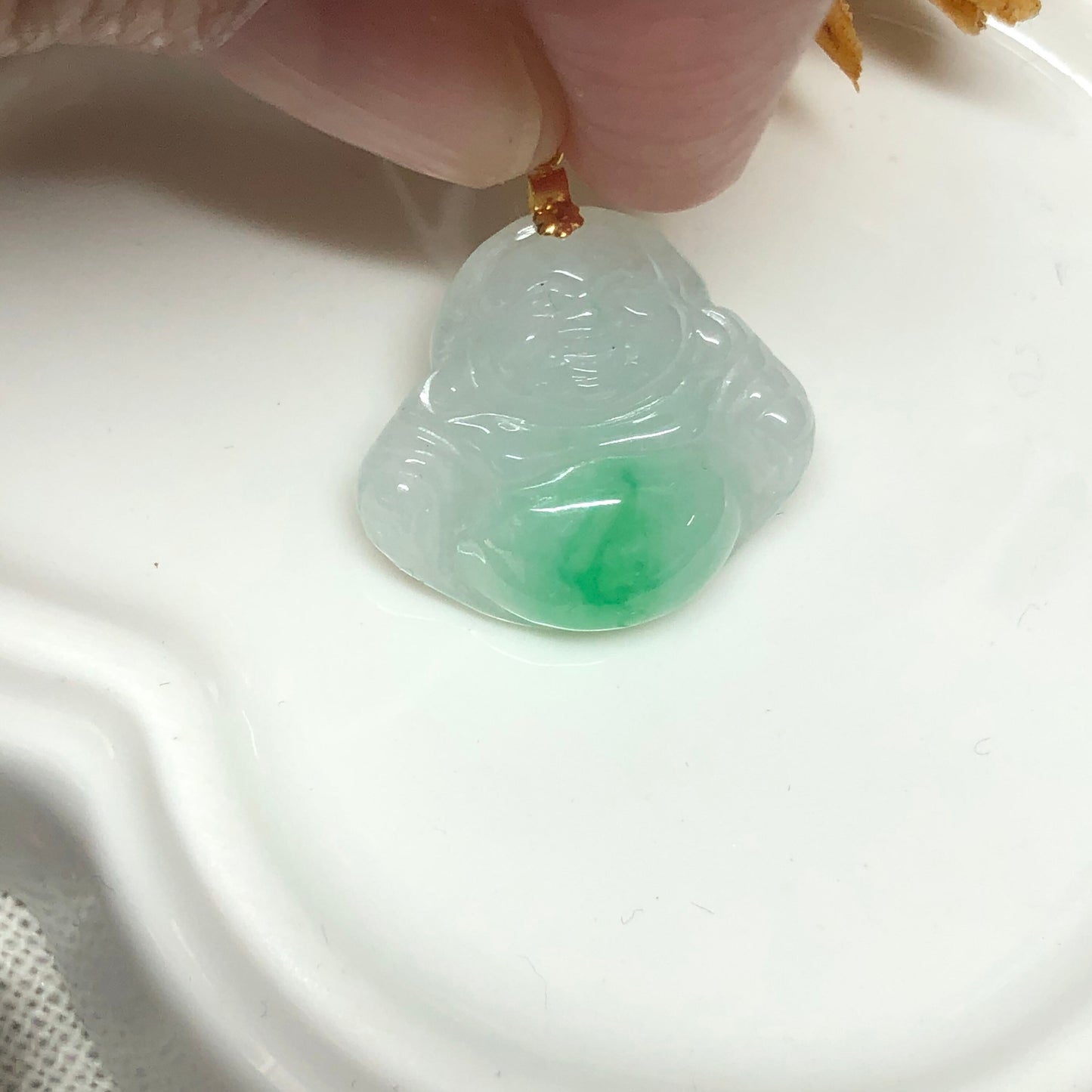 Certified Myanmar Grade A Dainty Green White Buddha With 18K yellow gold buckle