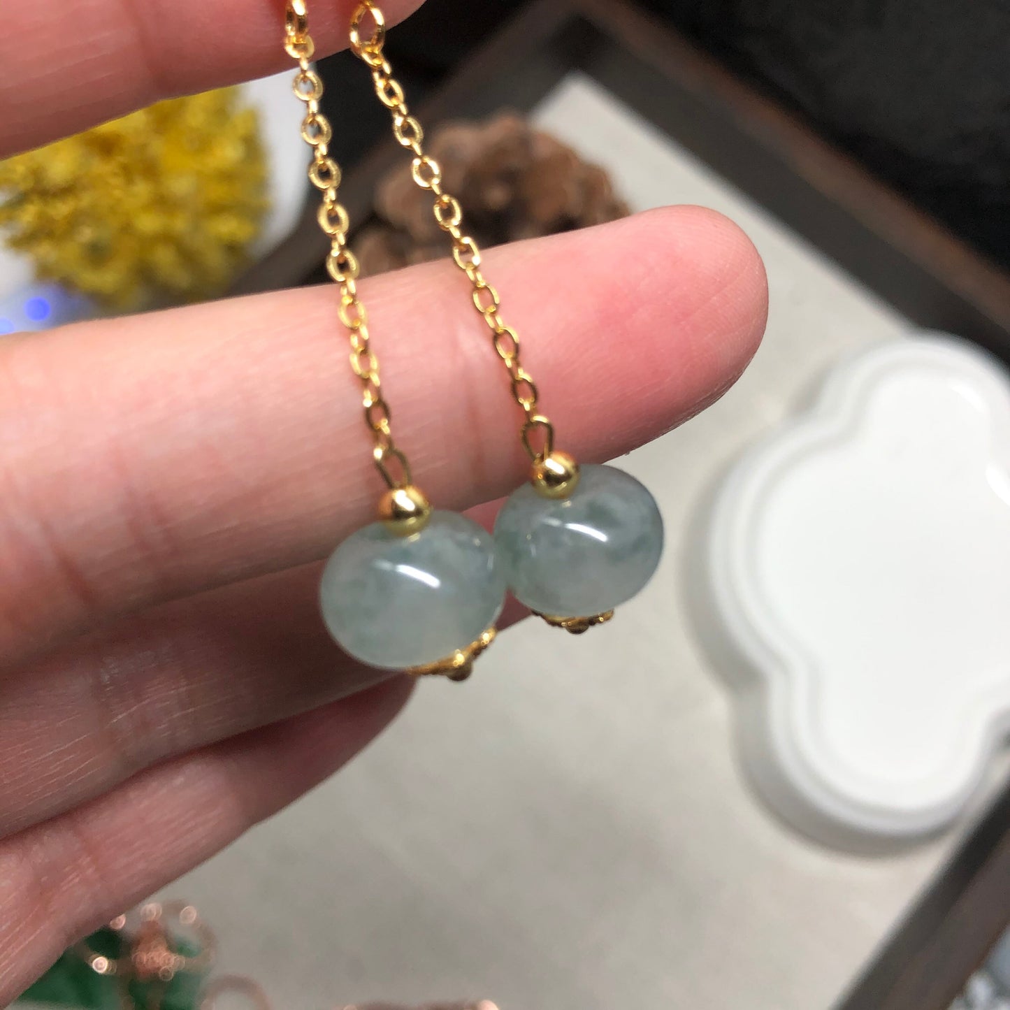 10.4 mm Grade A  Icy Floating Flowers Sperical Ball Jadeite Jade Dangling Earrings 925 gold silver