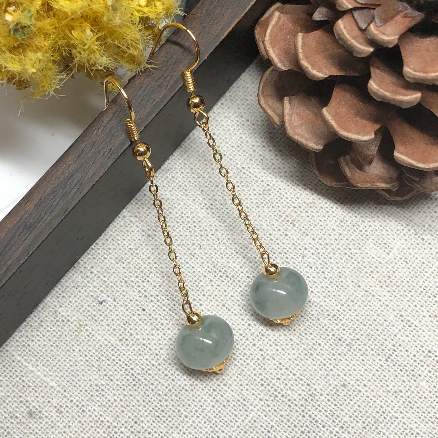 10.4 mm Grade A  Icy Floating Flowers Sperical Ball Jadeite Jade Dangling Earrings 925 gold silver