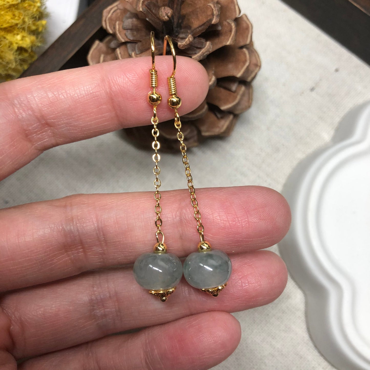 10.4 mm Grade A  Icy Floating Flowers Sperical Ball Jadeite Jade Dangling Earrings 925 gold silver
